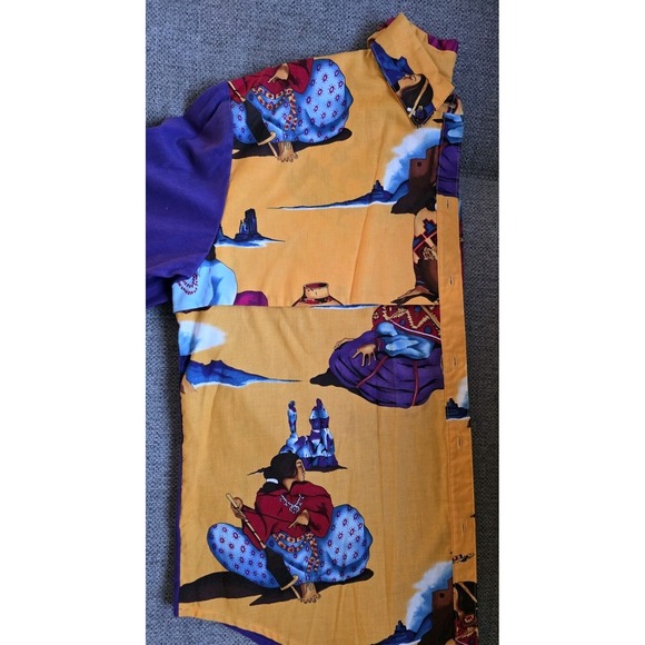 Vintage 80s Southwestern Western Art Shirt Purple Yellow Cowboy Print Colorblock - Picture 3 of 9